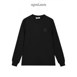 コピー立体真空刺繍ダブルCアルファベットロゴ男女同型ヘッダー丸首長袖Tシャツ