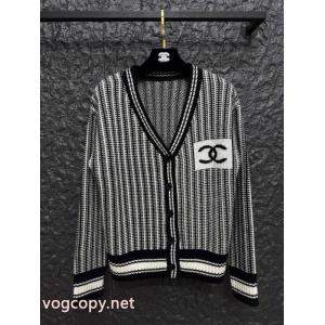 CH/CH小香ダブルCジャカード縦縞Vネックニットカーディガンコート