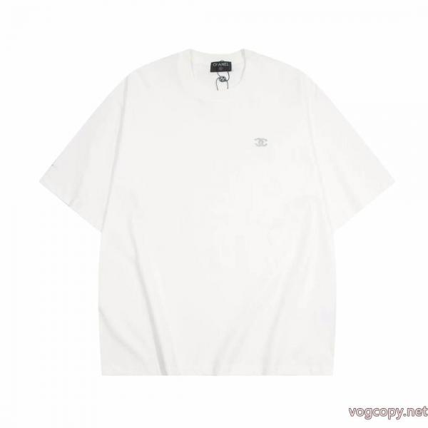 CH香銀色金属コード刺繍半袖Tシャツ男女同型 0