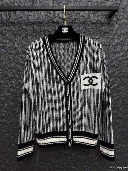 CH/CH小香ダブルCジャカード縦縞Vネックニットカーディガンコート 0 